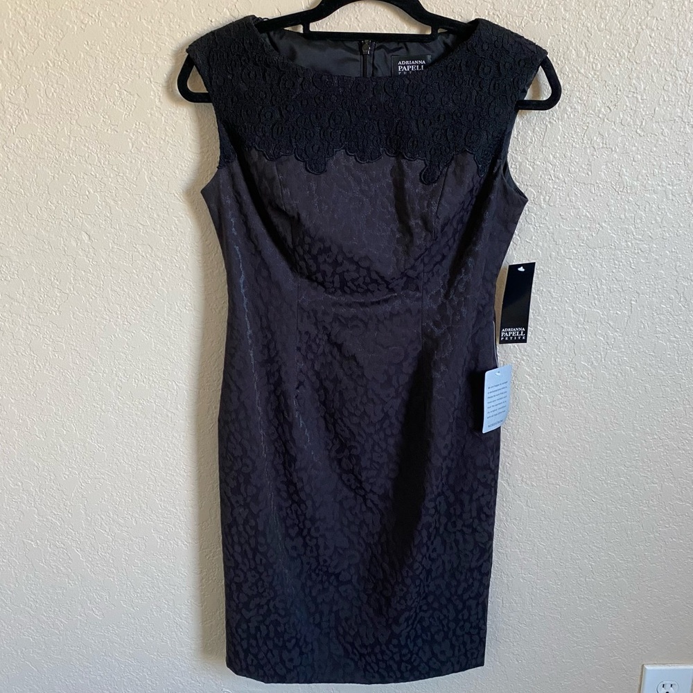 New Adrianna Papell Black Lace Yoke Sleeveless Jacquard Dress Size 6 Petite